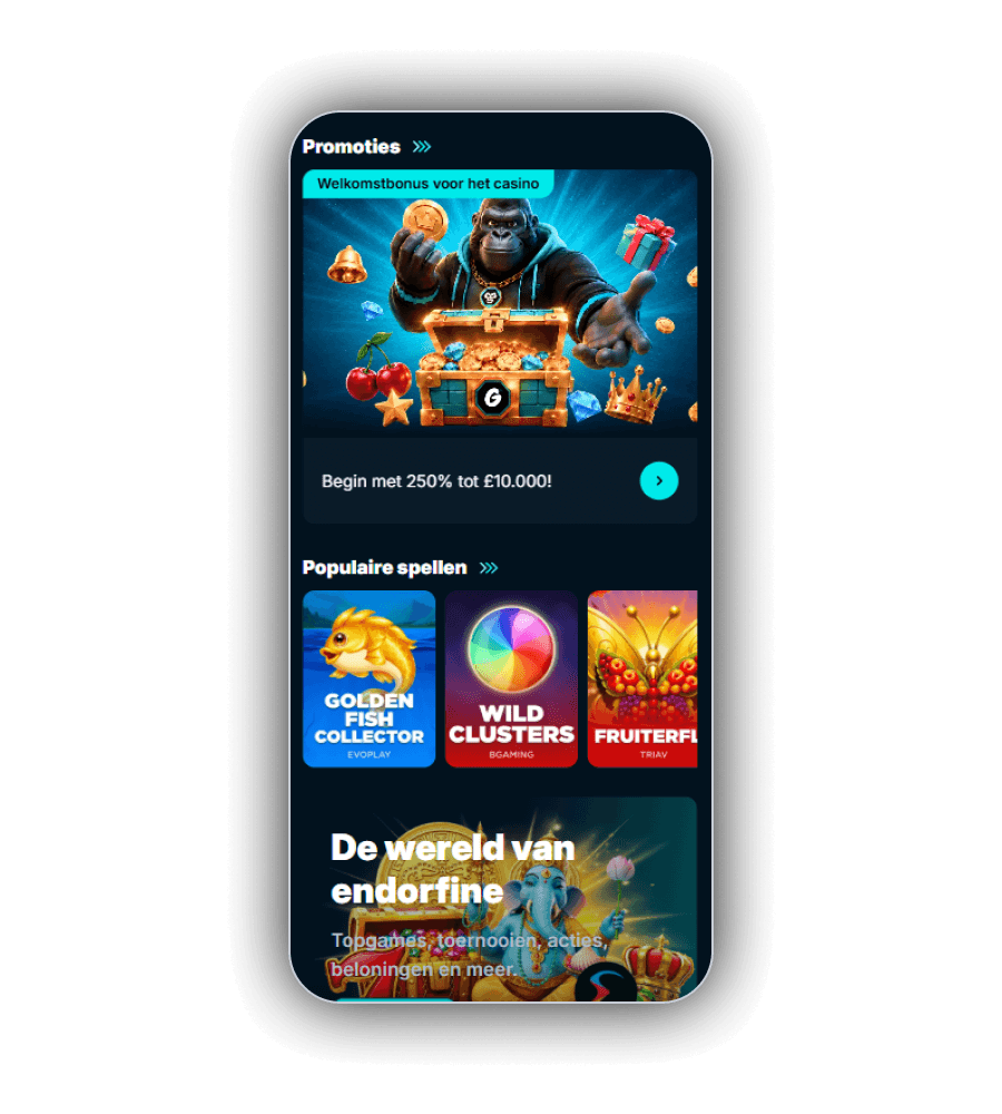 De lobby van GambleGorilla Casino met de banner van het pakket en de spelvloer achter de canvasluifel