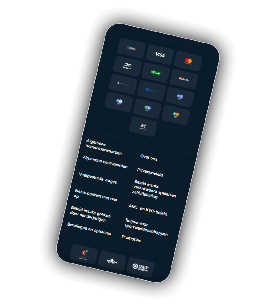 De pagina met betaalmethoden van GambleGorilla Casino: Visa, Mastercard, JCB, MiFinity, Cashlib, Pix, plus acht cryptoroutes